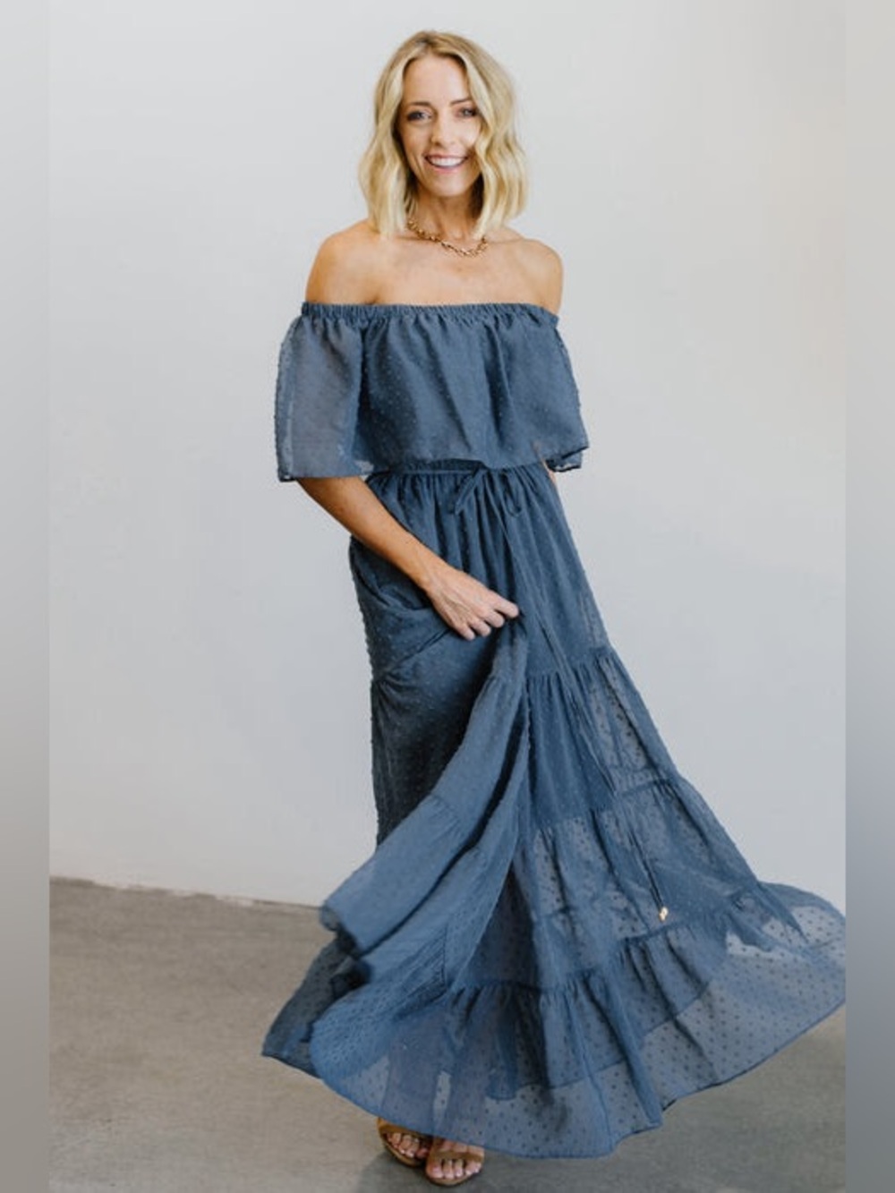 Off-Shoulder Blue Maxi Dress with Ruffle Bodice